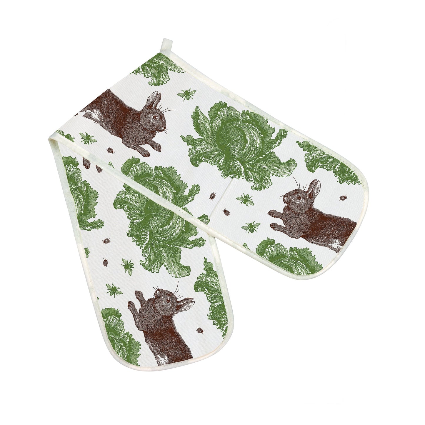 kitchentins - Thornback and Peel cotton double oven gloves printed with the signature brown rabbit and vibrant green cabbages