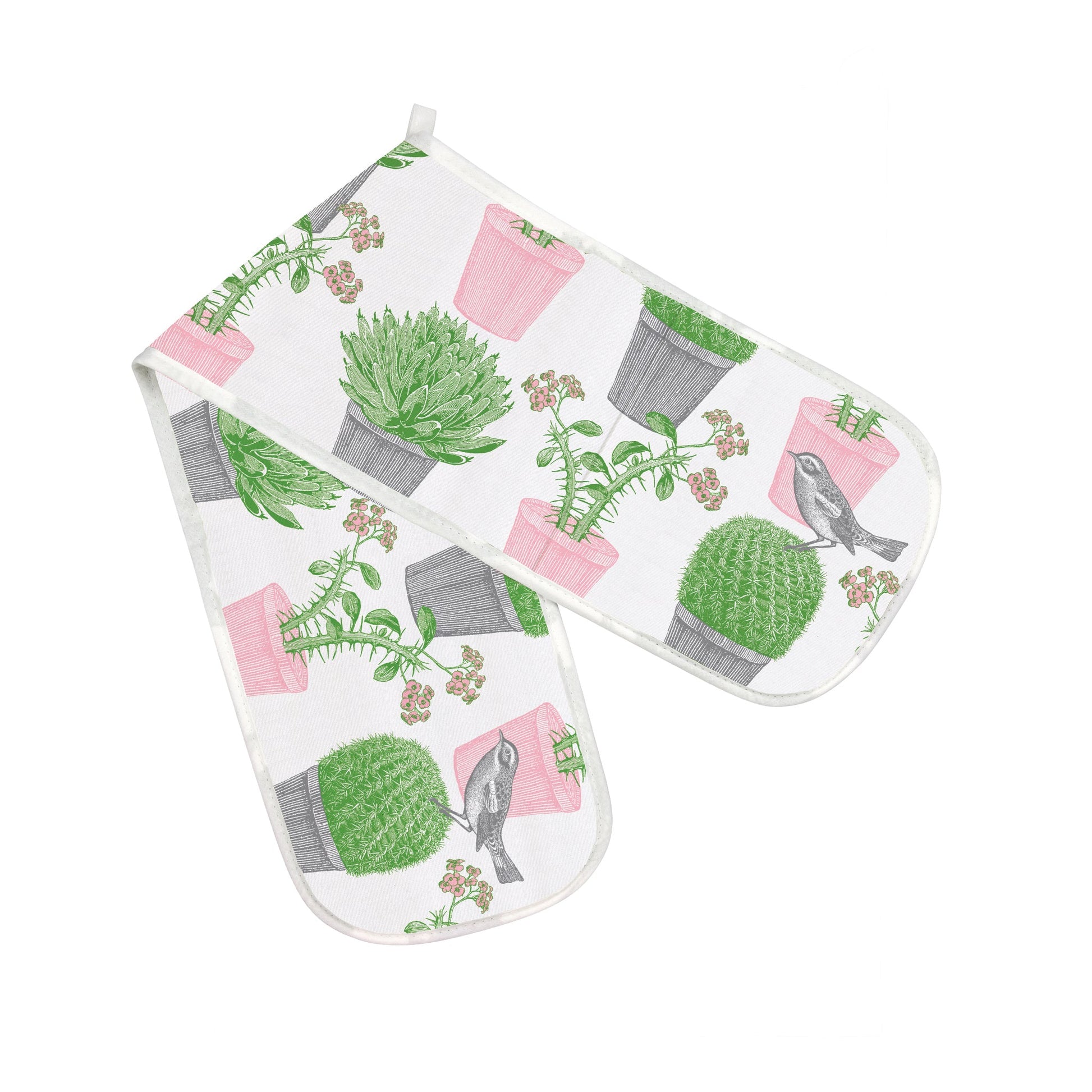 kitchentins - Thornback and Peel Cactus and Bird Cotton Double Oven Gloves Featuring pale pink and green potted succulents and a little bird hopping amongst them. 