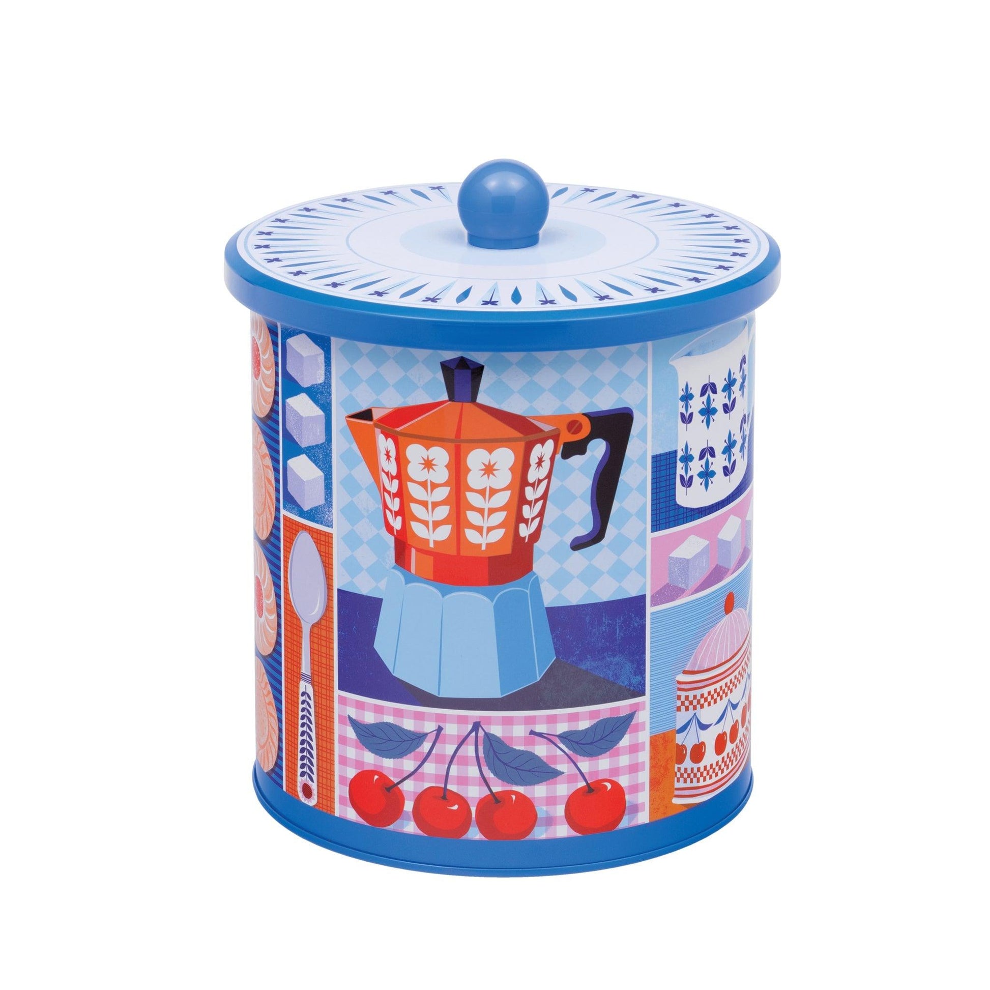 Kitchentins - Printer Johnson Medium Biscuit Barrel. A round blue tin biscuit barrel with artwork by Printer Johnson in a retro style.