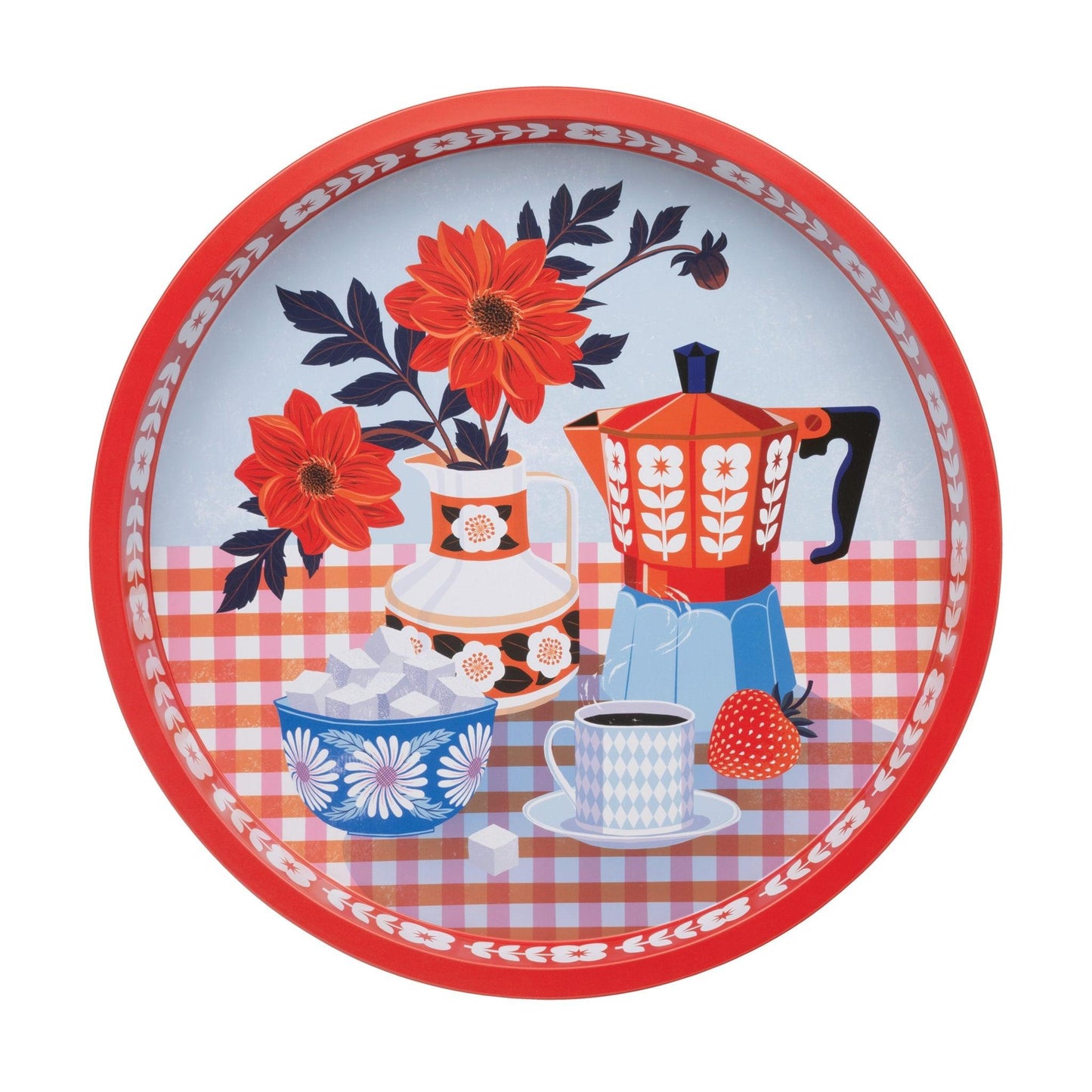 Kitchentins - Deepwell Tin Tray from Printer Johnson. Round vibrant red tin tray with bright red flowers and a traditional coffee pot in the centre. 