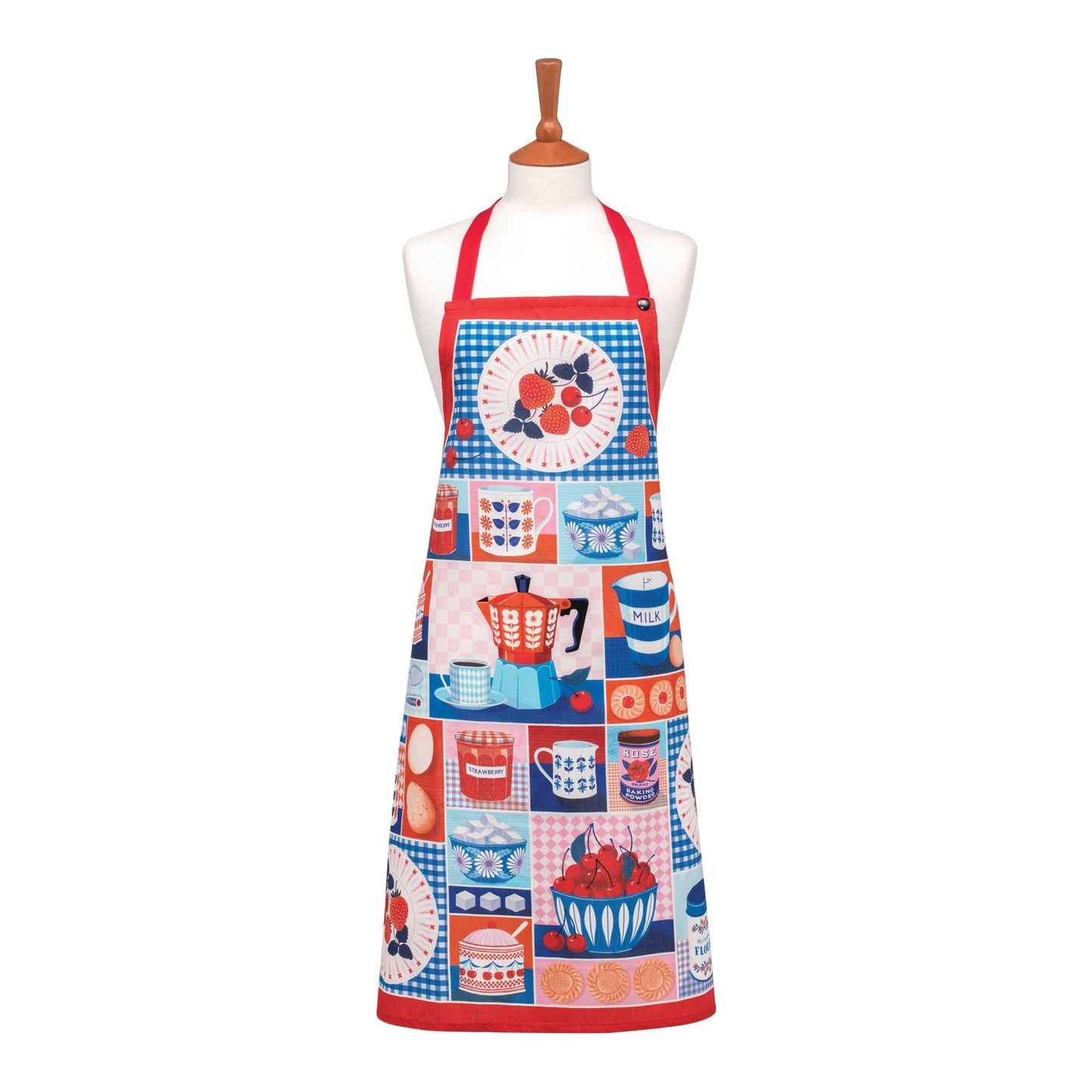 Kitchentins - Printer Johnson Kitchen Apron. 100% cotton apron with red trim featuring various kitchen items in a retro, clourful style