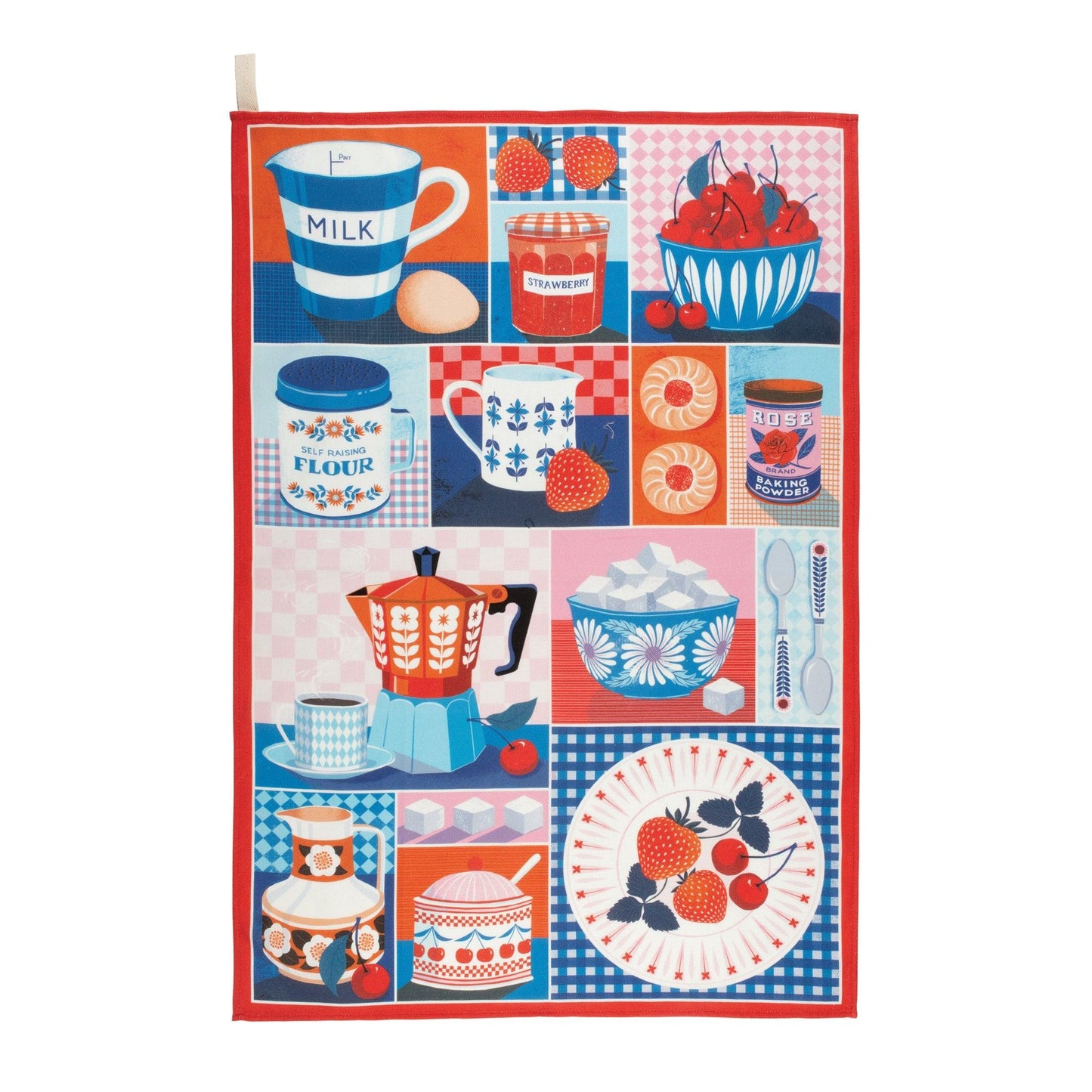 Kitchentins - Printer Johnson Kitchen Tea Towel. 100% cotton tea towel with red trim featuring various kitchen items in a retro, clourful style