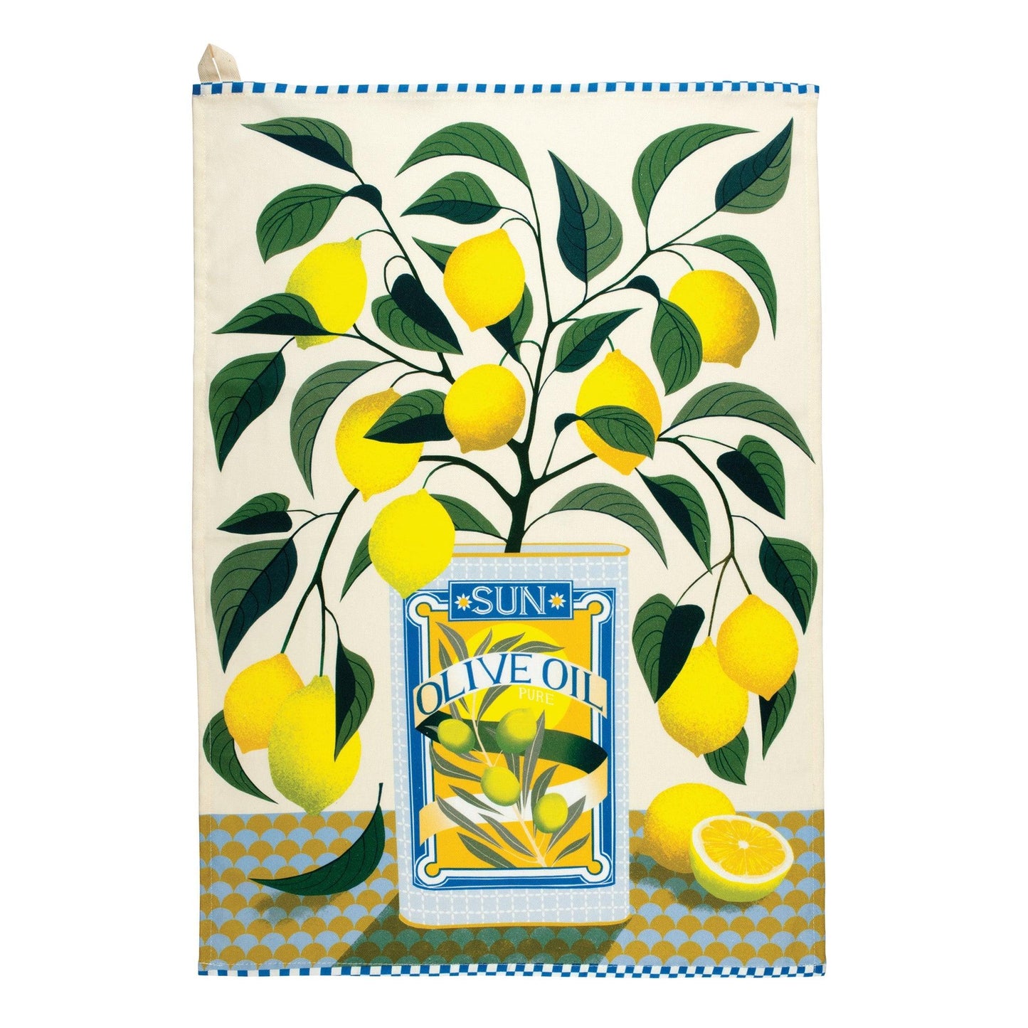 Kitchentins - Lemon Tree Print Tea Towel by Printer Johnson. 100% cotton tea towel printed with a traditional Olive Oil tin with a vibrant lemon tree appearing. 