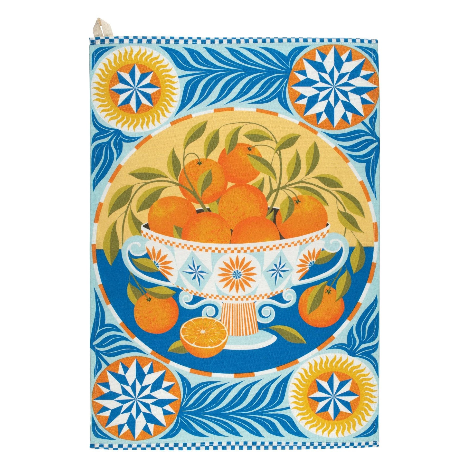 Kitchentins - Orange Bowl printed Tea Towel by Printer Johnson. 100% cotton tea towel featuring vibrant oranges in a bright blue bowl. 