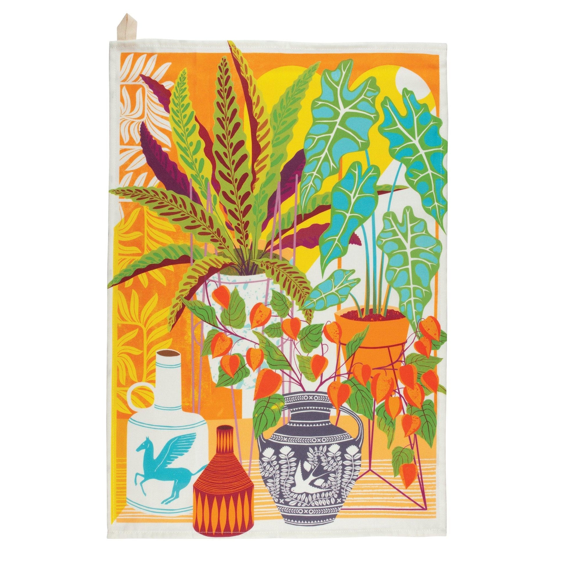 Kitchentins - Vessels Print tea towel from Printer Johnson. 100% Cotton Tea Towel with a colourful vases and indoor house plants. 