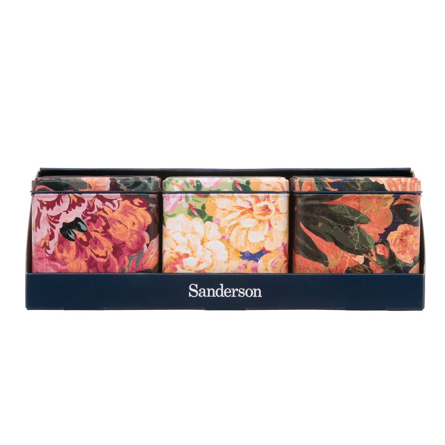 Kitchentins - Sanderson Set of 3 Square Tin Caddies. Three storage/gift tins in a display box, decorated in the signature very rose and peony print in three colourways; Kingfisher/Rowan Berry, Wild Plum and Multi.