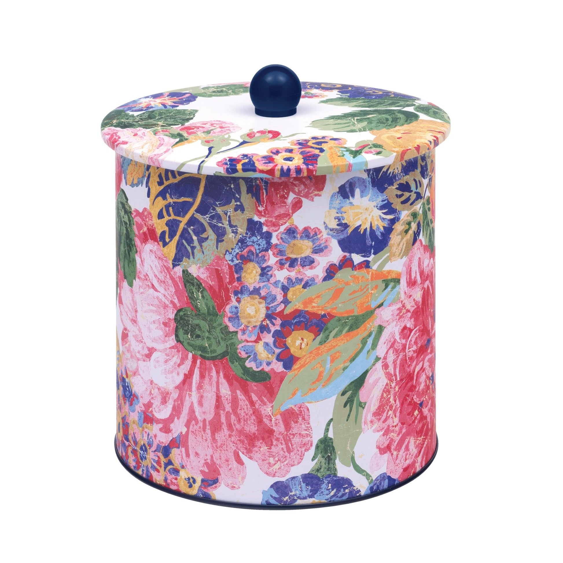 Kitchentins - Sanderson Tin Biscuit Barrel. Round tin biscuit barrel featuring the dramatic floral blooms of their signature very rose and peony print in the Multi colourway. 