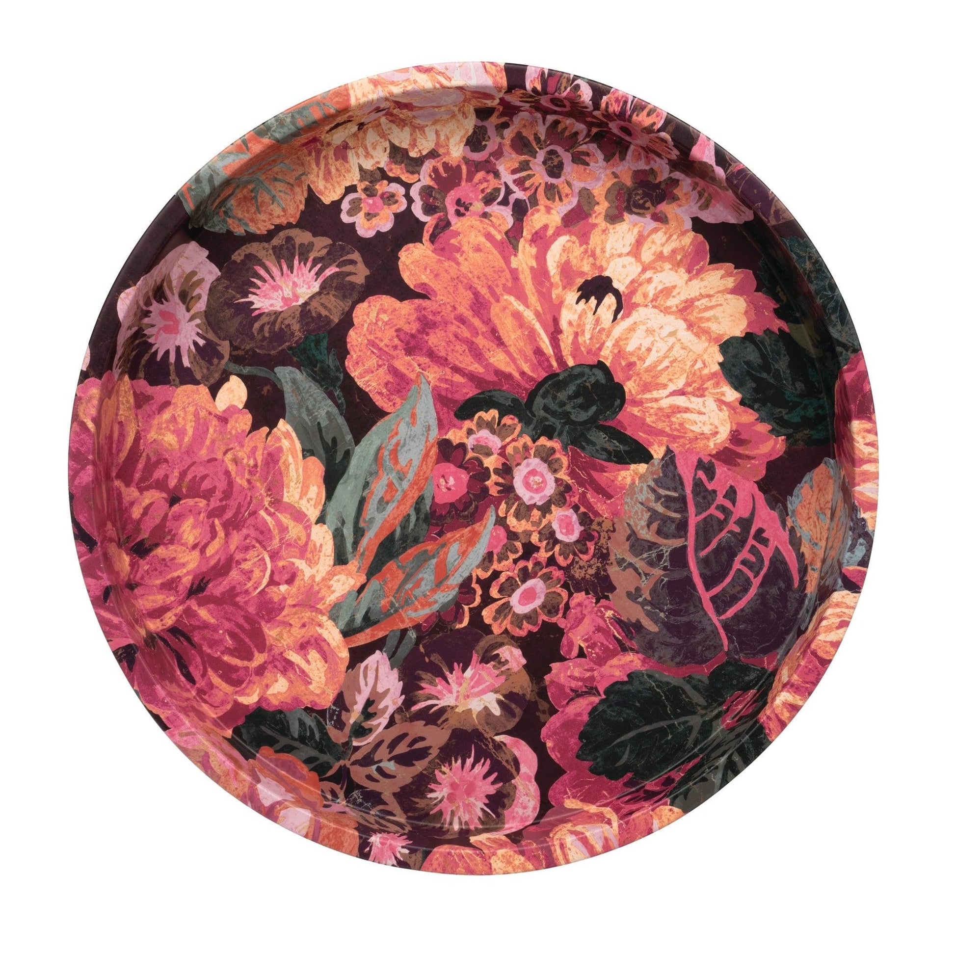 Kitchentins - Sanderson Deepwell Tin Tray. Round tin serving tray featuring the signature Very Rose and Peony print in the wild plum colourway. 