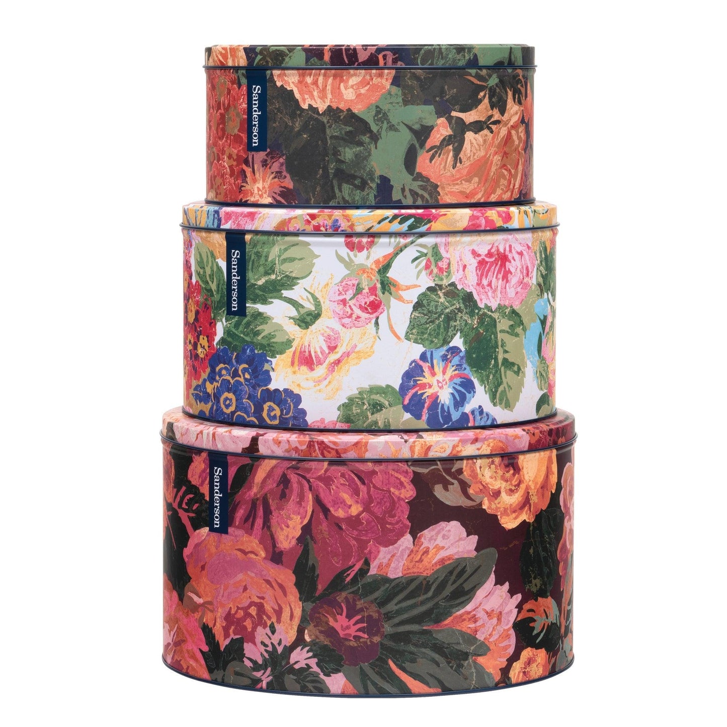 Kitchentins - Sanderson Set of 3 Round Cake Tins. Three nestable round cake tins, decorated in the signature very rose and peony print in three colourways; Kingfisher/Rowan Berry, Wild Plum and Multi.