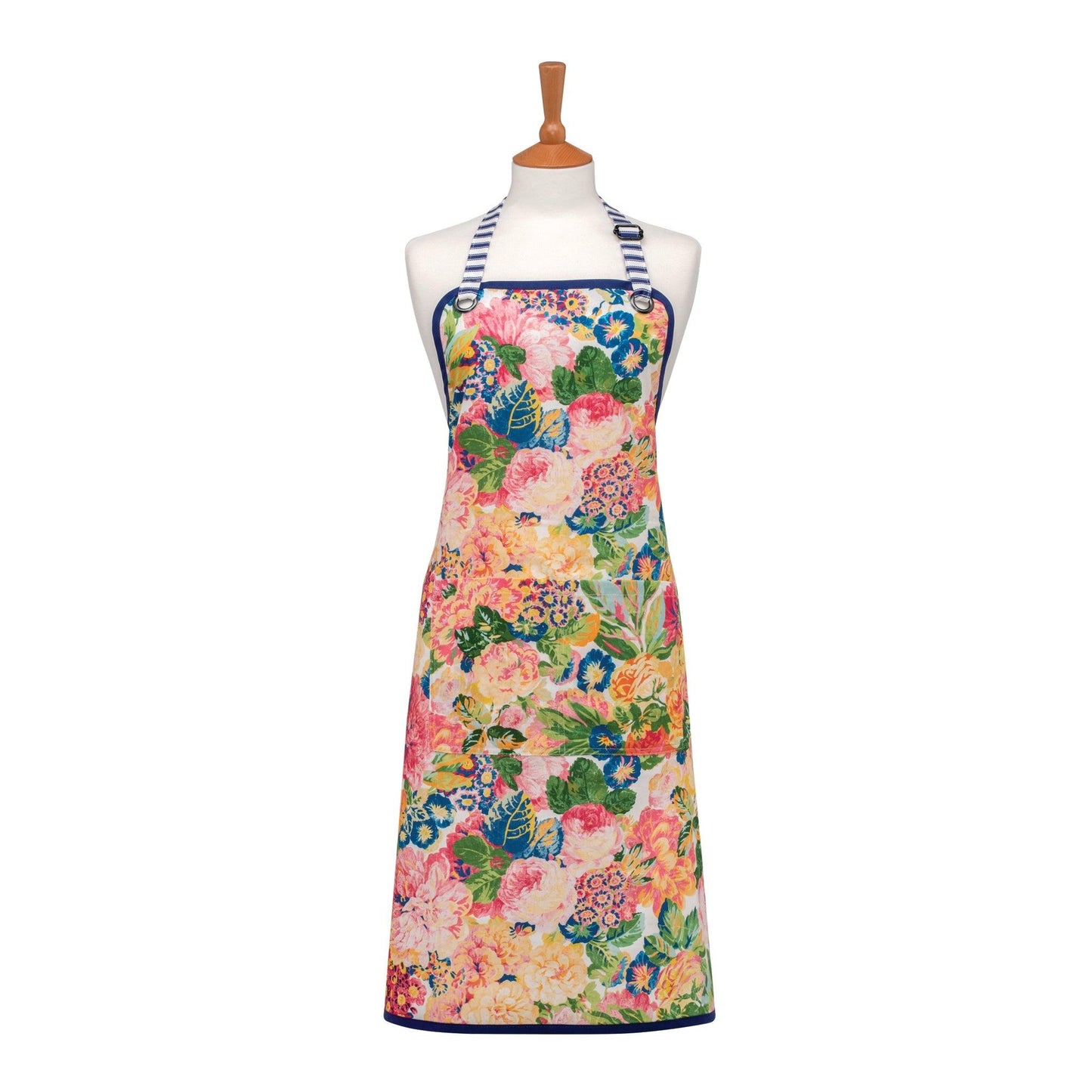 Kitchentins - Sanderson Very Rose and Peony Kitchen Apron. Stylish 100% cotton apron with a blue pinstripe trim and the signature very rose and peony print in the clean and confident multi colourway. 