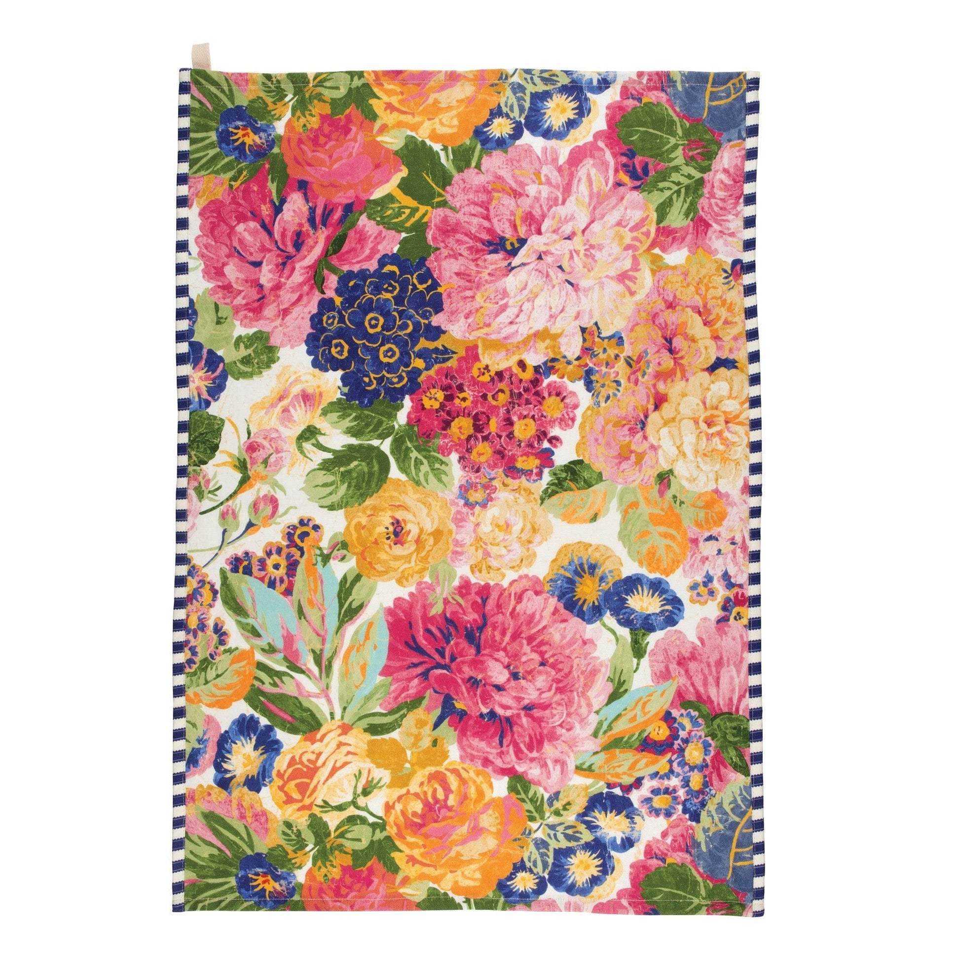 Kitchentins - Sanderson Very Rose and Peony Kitchen Tea Towel.  100% cotton tea towel with a blue pinstripe trim and the signature very rose and peony print in the clean and confident multi colourway. 