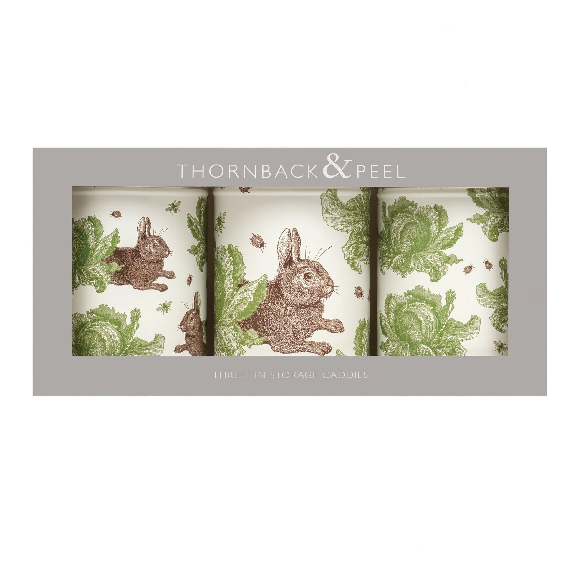 kitchentins - Thornback and Peel set of 3 round tin storage caddies printed with the signature brown rabbit and vibrant green cabbages