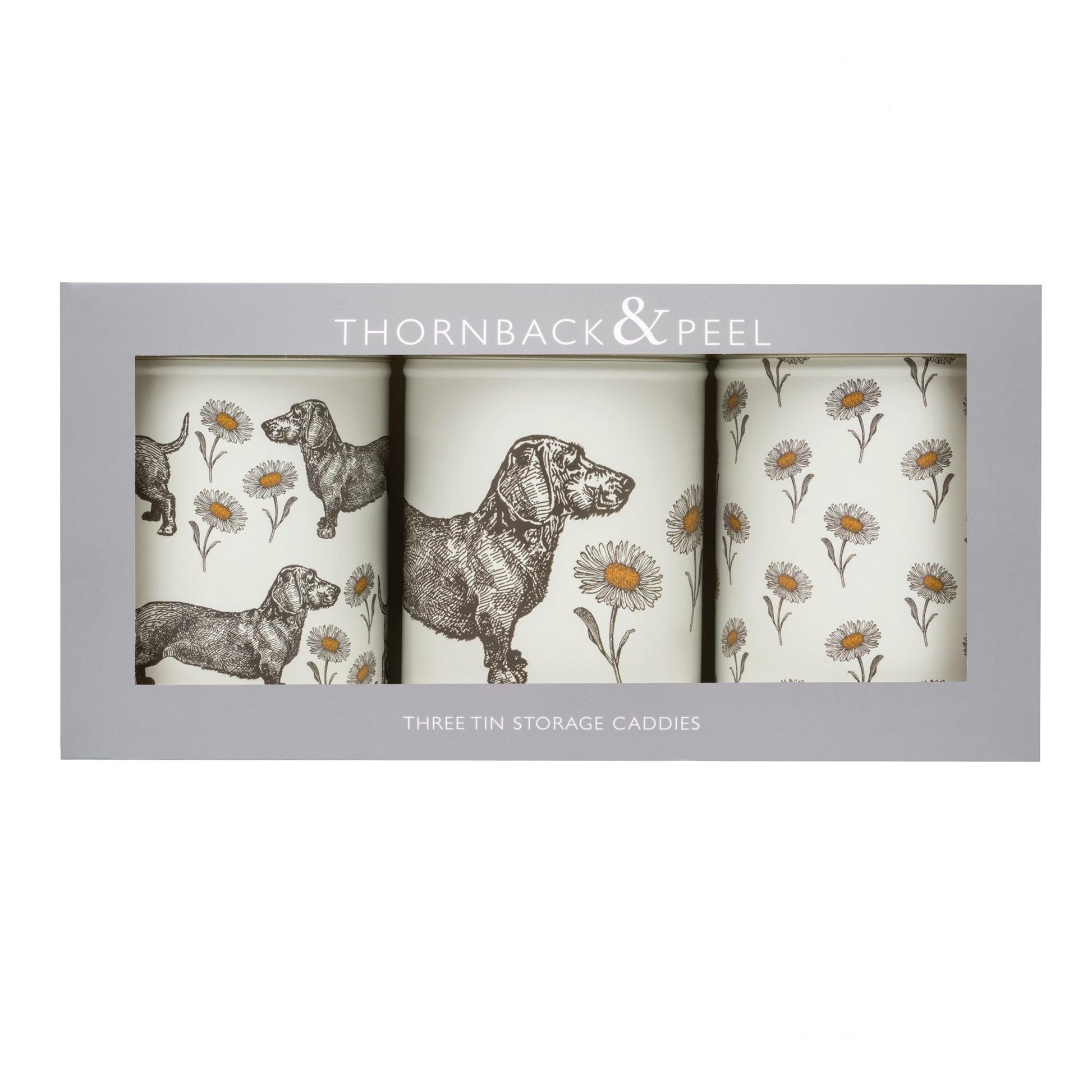 kitchentins - Thornback & Peel  set of 3 round tin storage caddies printed with sweet daschunds and delicate daisys.