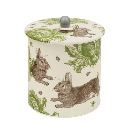 kitchentins - Thornback and Peel round tin biscuit barrel printed with the signature brown rabbit and vibrant green cabbages