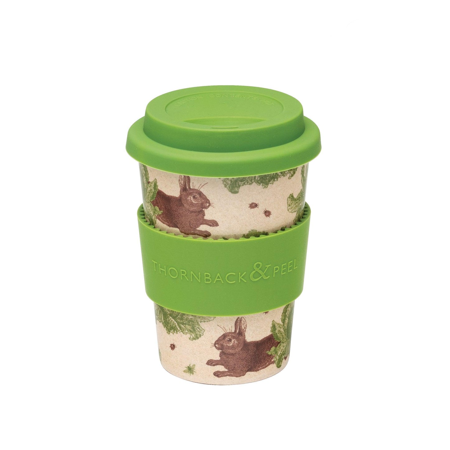 kitchentins - Thornback and Peel rice husk travel cup printed with the signature brown rabbit and vibrant green cabbages