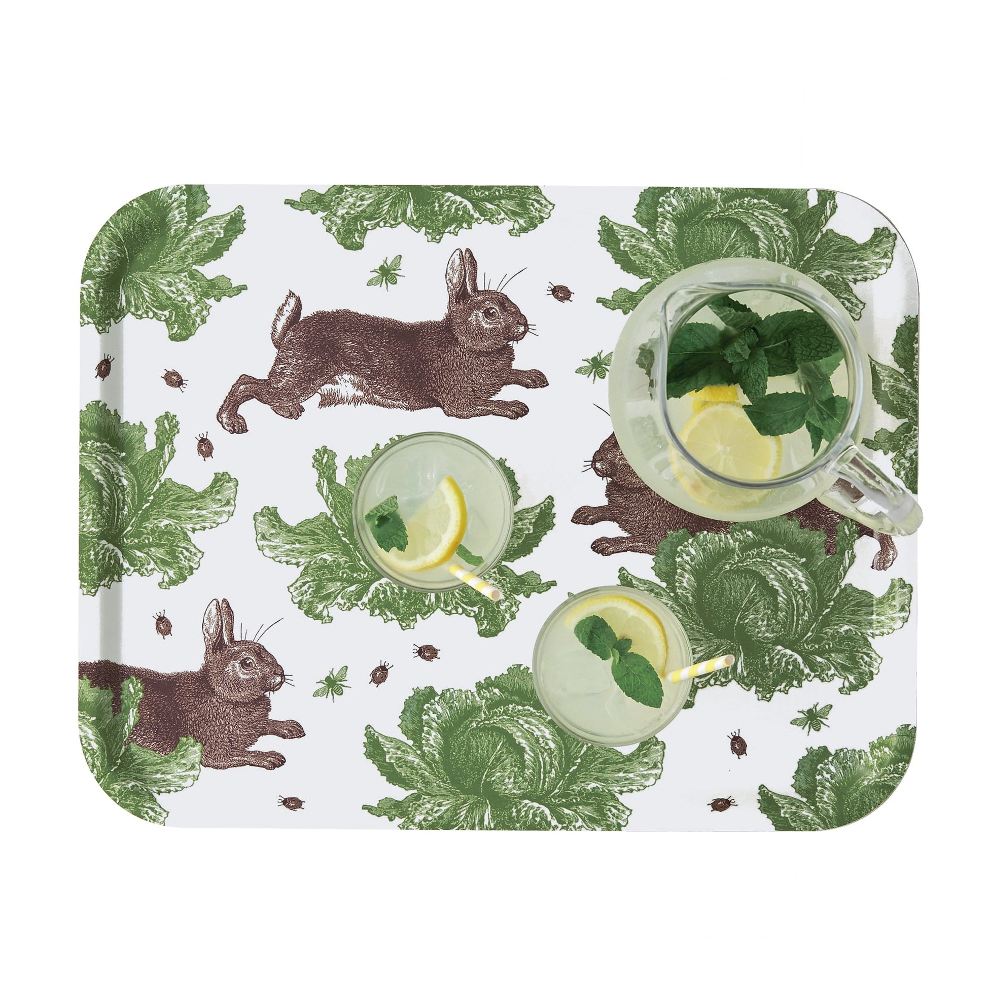 kitchentins - Thornback and Peel large rectangular birchwood tray printed with the signature brown rabbit and vibrant green cabbages