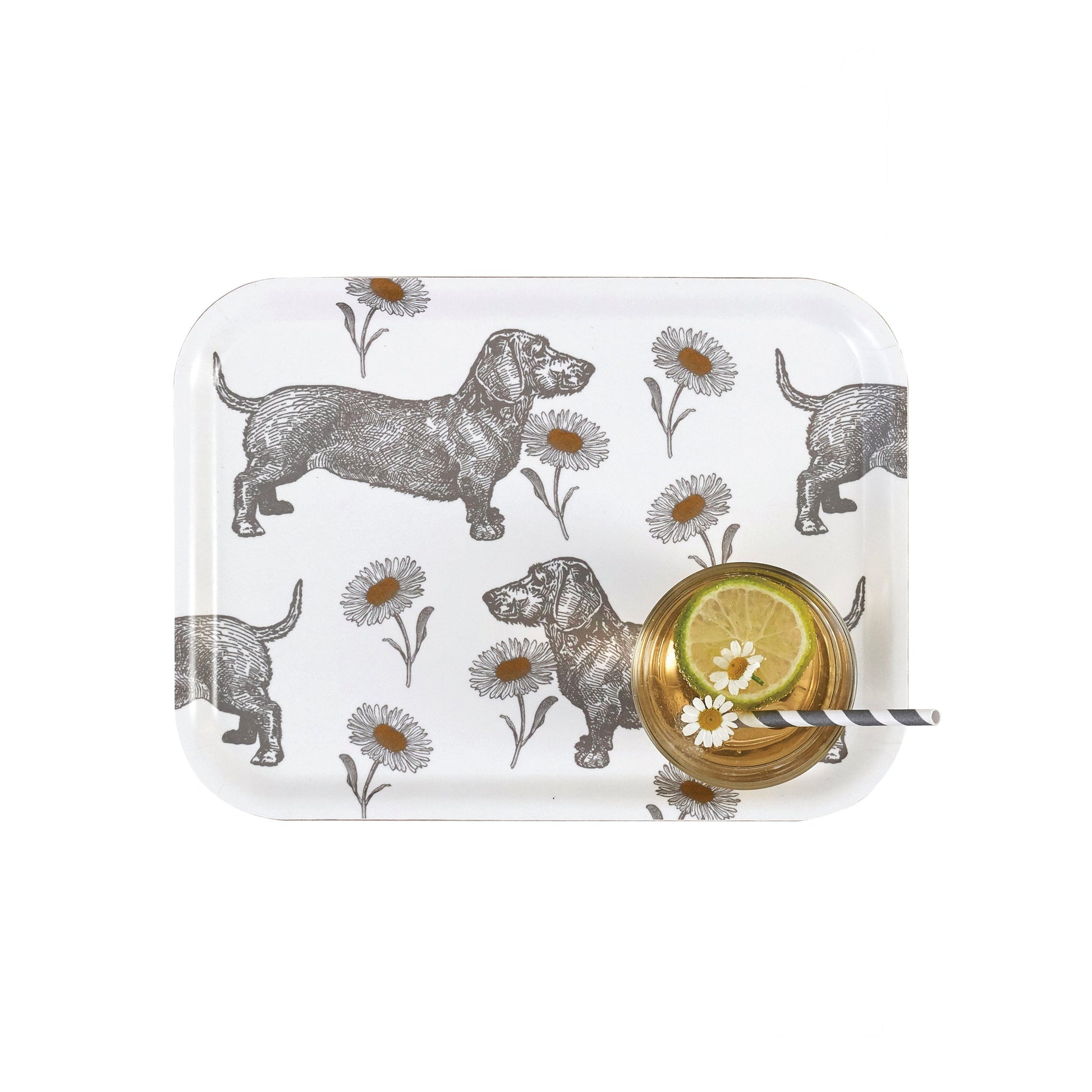 kitchentins - Thornback & Peel small rectangular birchwood tray, printed with sweet daschunds and delicate daisys.