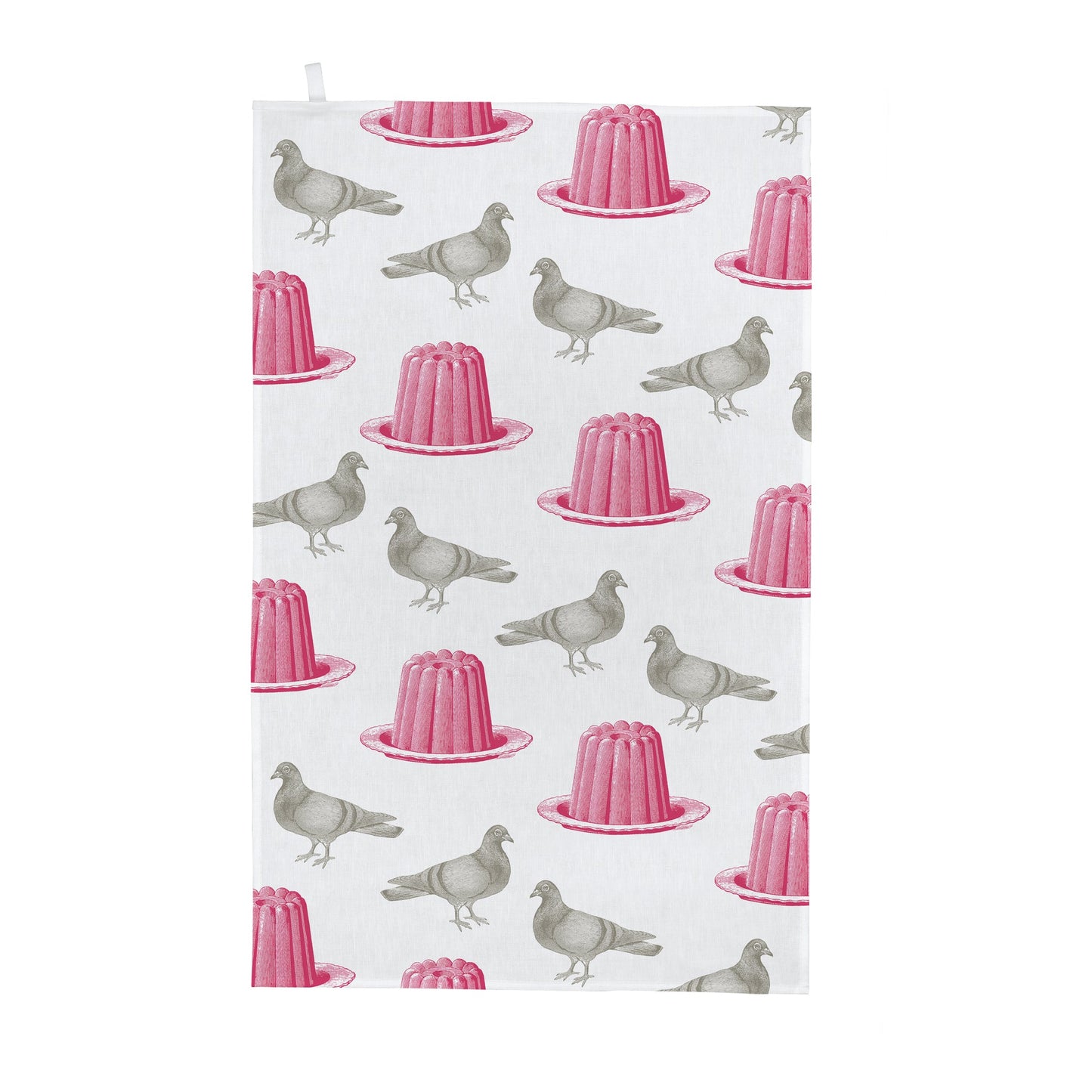 kitchentins - Thornback & Peel cotton tea towel printed with pink jellies and a bold grey pigeon.
