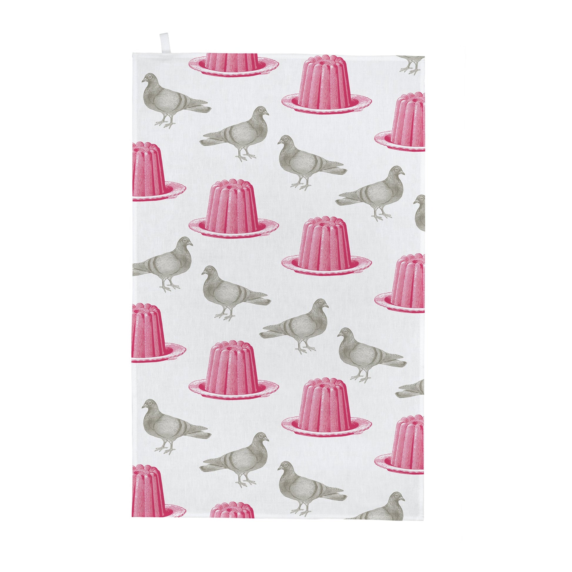 kitchentins - Thornback & Peel cotton tea towel printed with pink jellies and a bold grey pigeon.