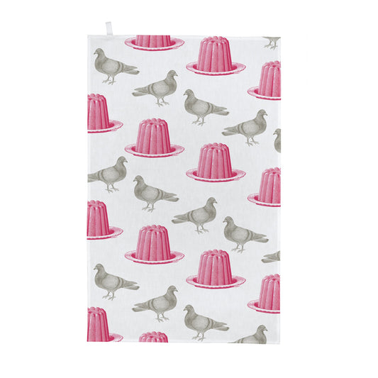 kitchentins - Thornback & Peel cotton tea towel printed with pink jellies and a bold grey pigeon.