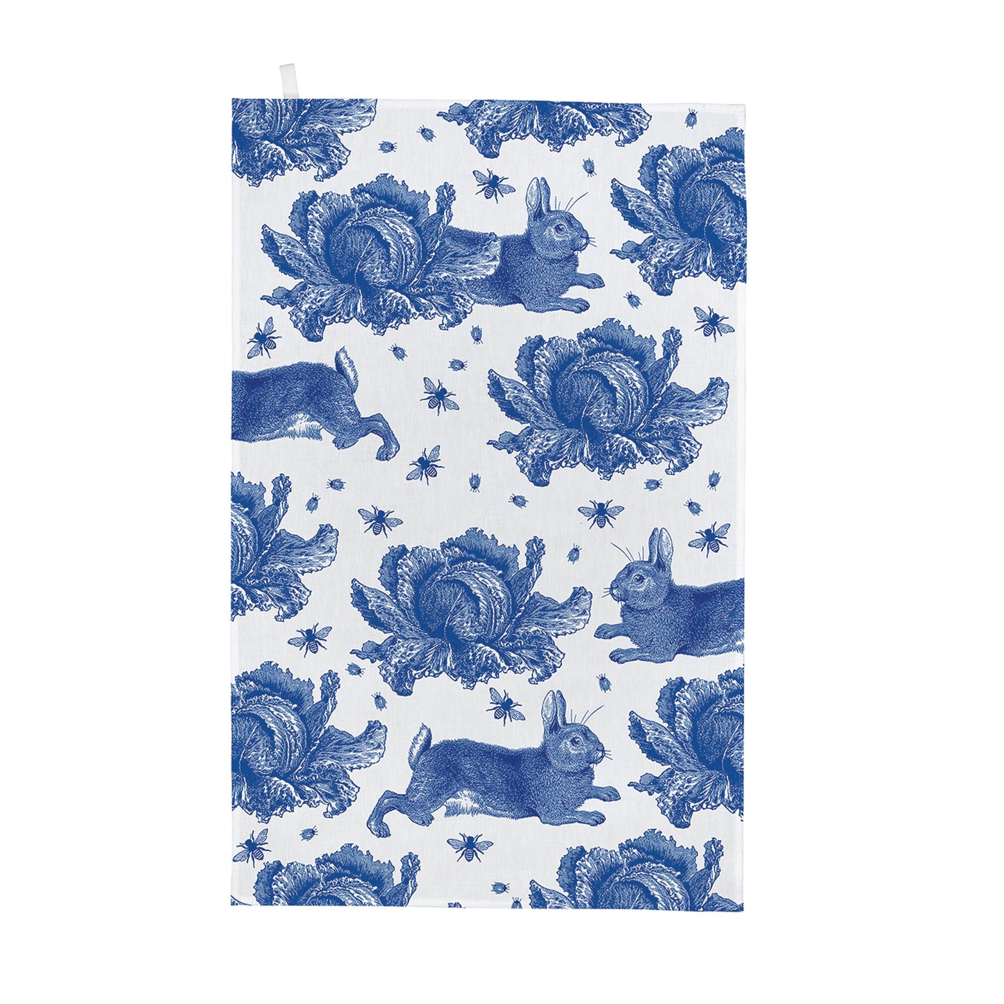 kitchentins - Thornback and Peel cotton tea towel printed with the signature  rabbit and cabbage design in a delft blue colourway