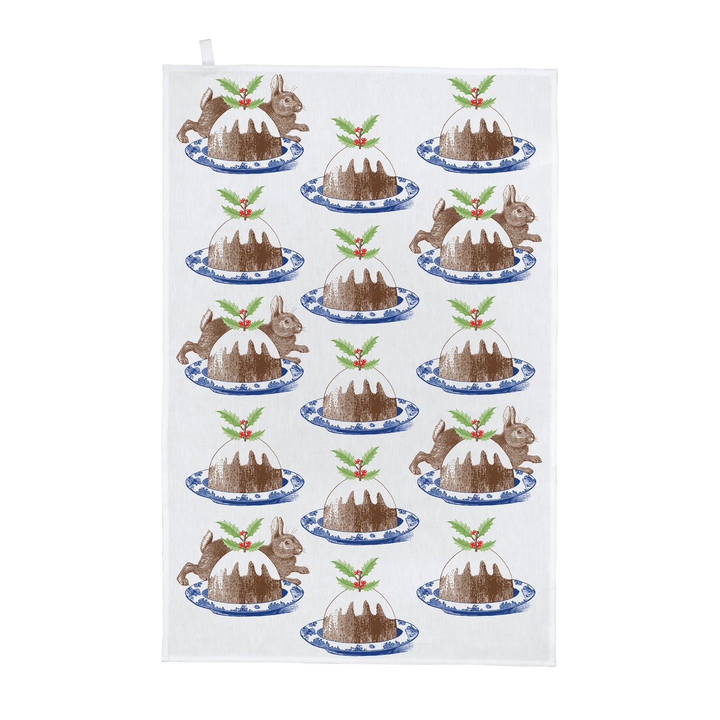 kitchentins - Thornback and Peel cotton tea towel with a christmas print; featuring the classic chocolate brown bunny hiding amongst tasty christmas puddings
