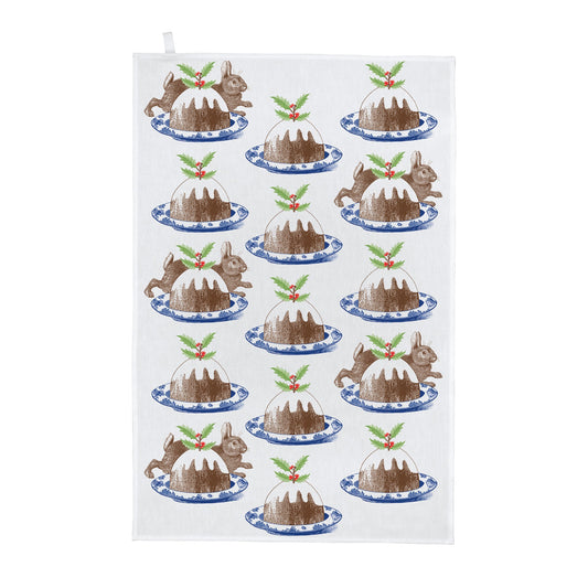 kitchentins - Thornback and Peel cotton tea towel with a christmas print; featuring the classic chocolate brown bunny hiding amongst tasty christmas puddings