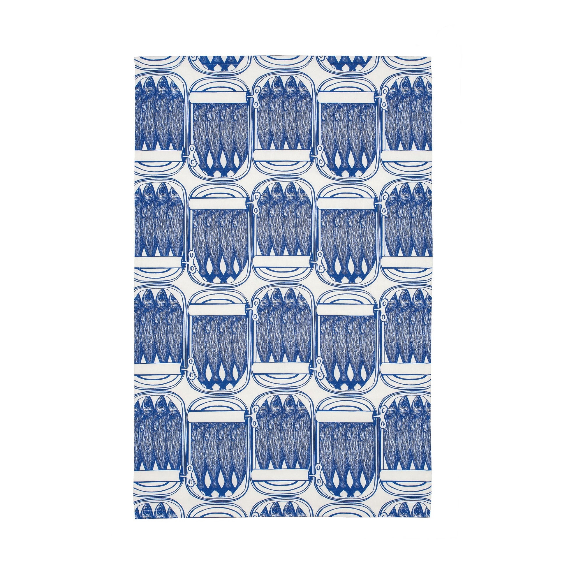 kitchentins - Thornback and Peel cotton tea towel printed with delft blue sardine print. 