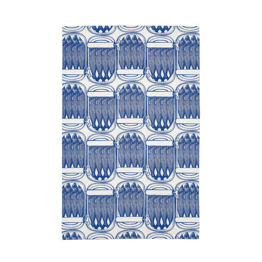 kitchentins - Thornback and Peel cotton tea towel printed with delft blue sardine print. 