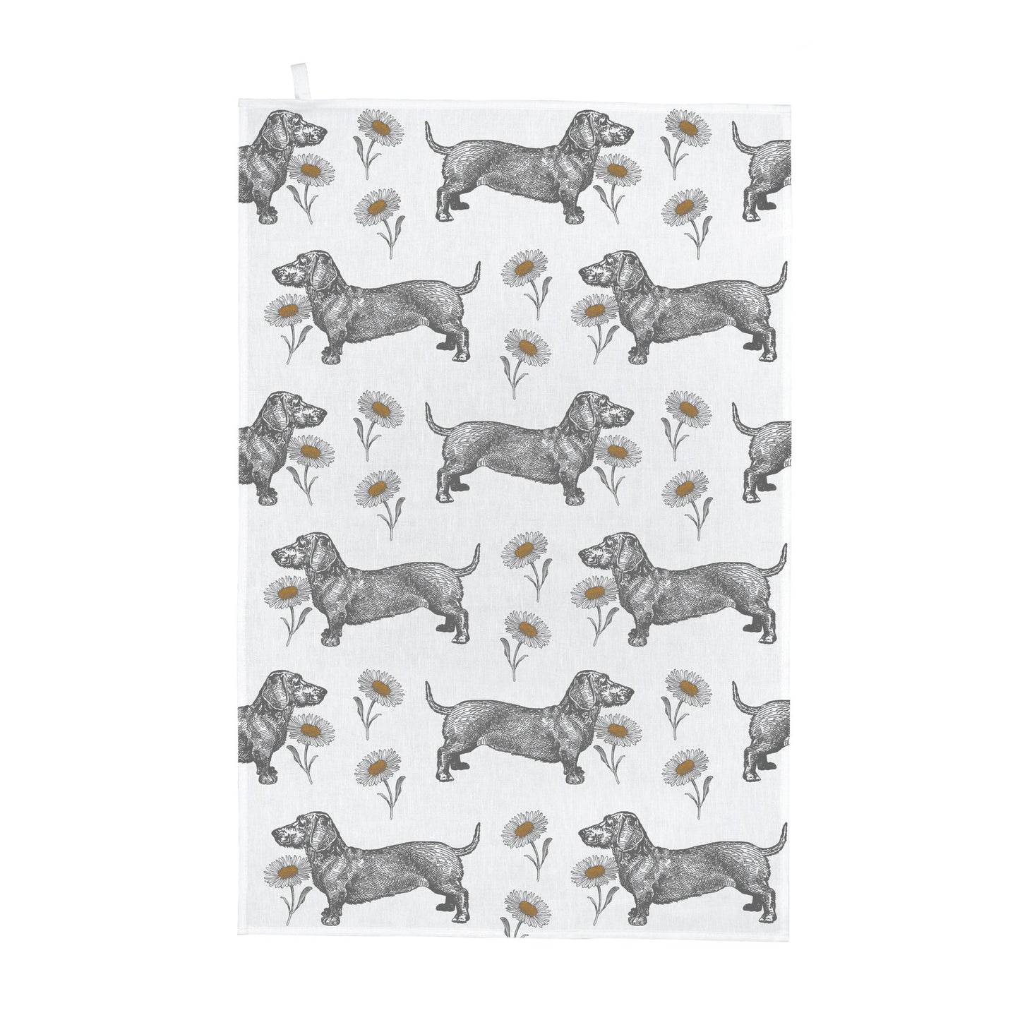 kitchentins - Thornback & Peel cotton tea towel printed with sweet daschunds and delicate daisies.