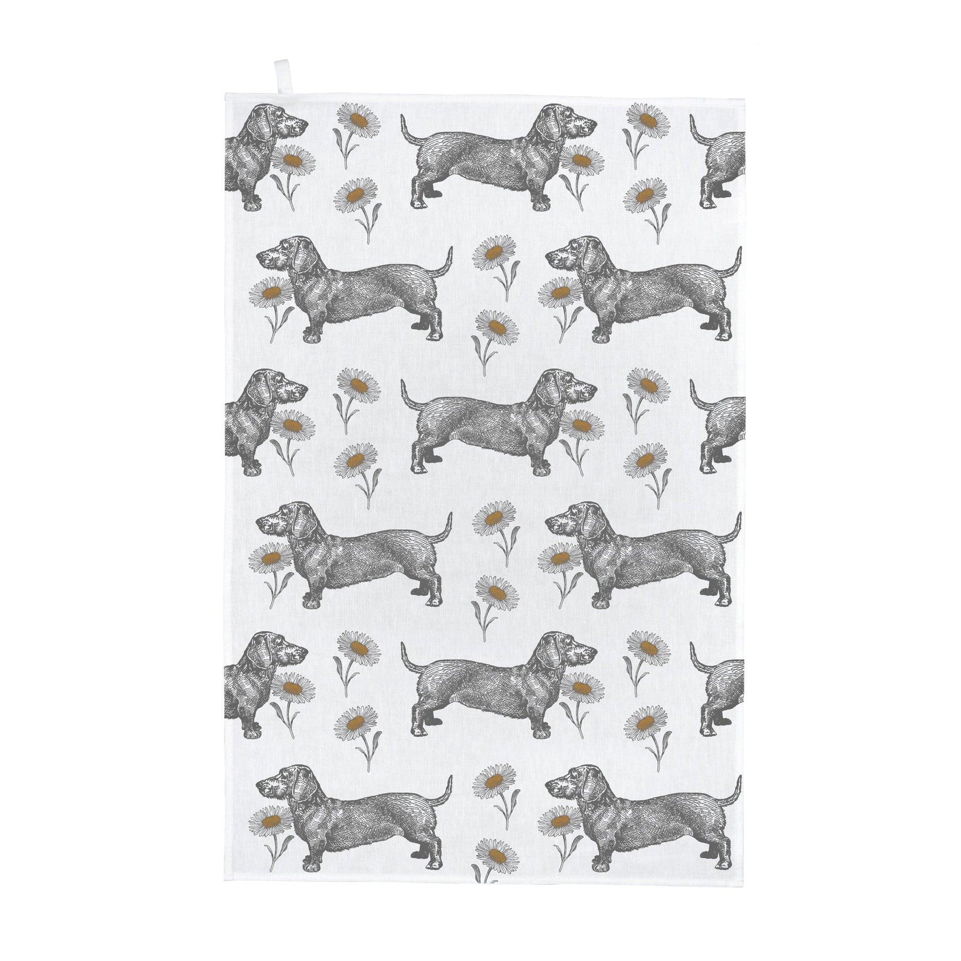 kitchentins - Thornback & Peel cotton tea towel printed with sweet daschunds and delicate daisies.