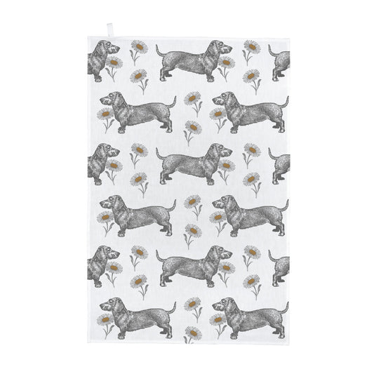 kitchentins - Thornback & Peel cotton tea towel printed with sweet daschunds and delicate daisies.